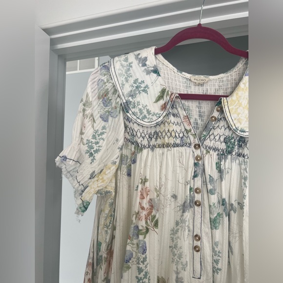 Anthropologie Pilcro Cream Smocked Babydoll Dress with Puff Sleeves - Picture 3 of 7